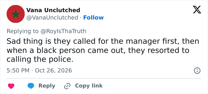 Social media post by Vana Unclutched commenting on a Karen couple calls police on restaurant manager situation. Social media post by Vana Unclutched commenting on a Karen couple calls police on restaurant manager situation.