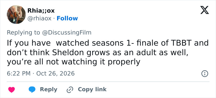X post discussing character growth in The Big Bang Theory and the Jim Parsons Sheldon return. X post discussing character growth in The Big Bang Theory and the Jim Parsons Sheldon return.