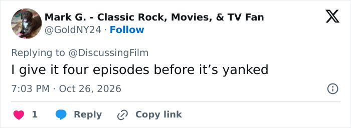Social media post showing a fan reaction to the Hollywood TV reboot promo picture