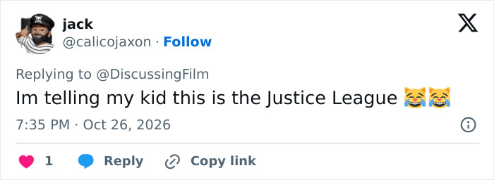 A post reacting to the TV reboot promo picture joking about telling their kid this is the Justice League.