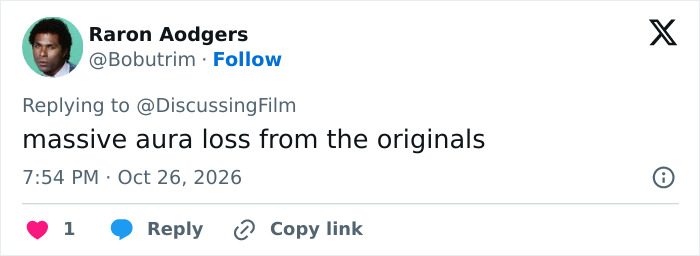 A social media post expressing debate over a Hollywood TV reboot stating massive aura loss from the originals.