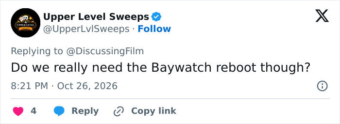 Tweet discussing the Hollywood TV reboot asking if we really need the Baywatch reboot.