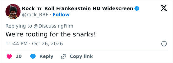 Social media comment on a Hollywood TV reboot stating We are rooting for the sharks!