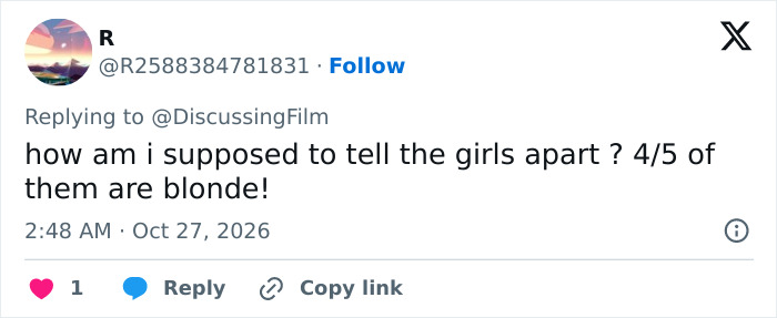 A social media comment on the TV reboot cast asking how to tell the blonde cast members apart.