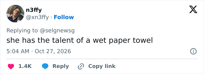 Screenshot of a social media comment mocking Selena Gomez saying she has the talent of a wet paper towel.
