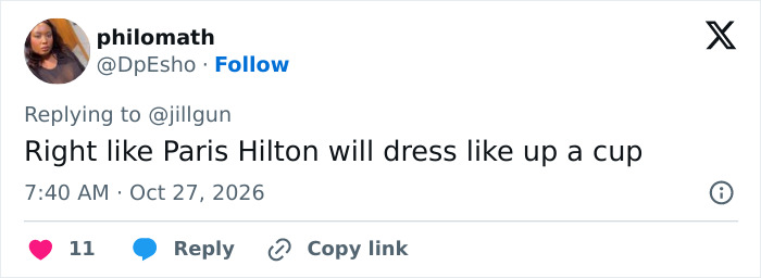A social media post about Paris Hilton's photoshoot and her outfit choices.