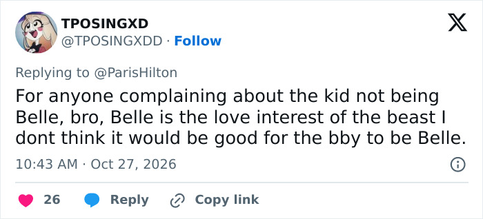 A social media comment defending Paris Hilton's Beauty And The Beast photoshoot choices for her kids.