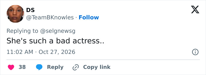 Social media post with a critical comment calling Selena Gomez a bad actress.