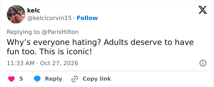 A tweet supporting Paris Hilton's Beauty And The Beast photoshoot, stating adults deserve to have fun too.