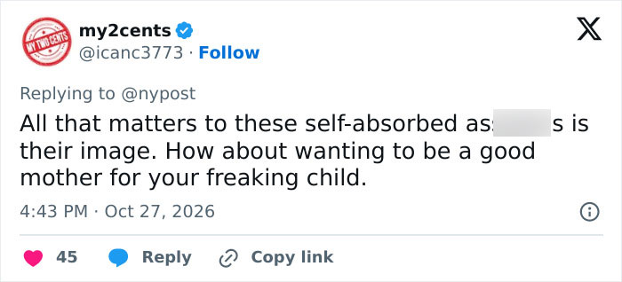 A social media post criticizing celebrity choices regarding image and plastic surgery.