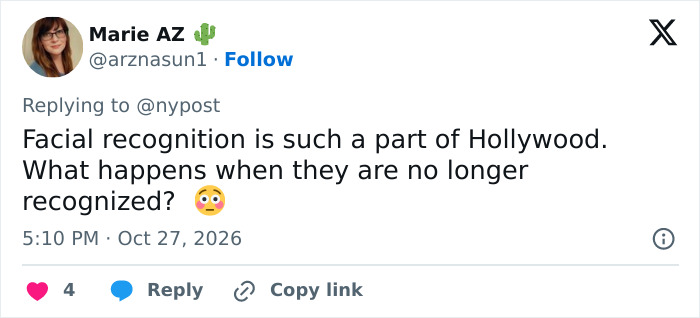 A user tweet discussing facial recognition and image changes related to plastic surgery.