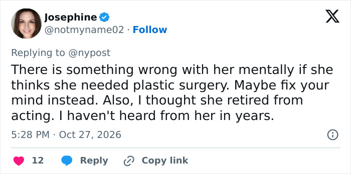 A social media post expressing critical opinions on Jennifer Lawrence plastic surgery.