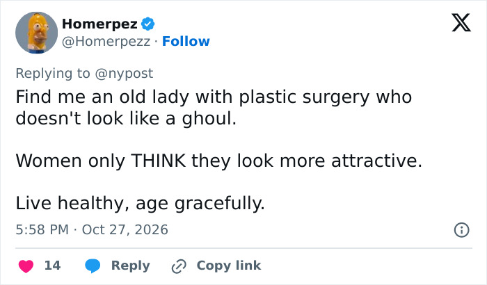 A tweet commenting on celebrity aging and Jennifer Lawrence plastic surgery.