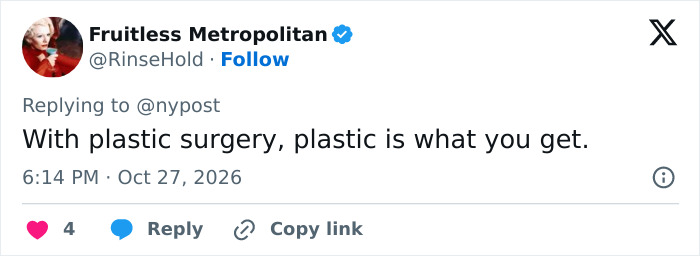 A tweet containing a commentary about plastic surgery outcomes.