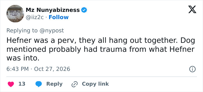 A tweet discussing Hugh Hefner's widow Crystal and her comments regarding Hollywood pervs. A tweet discussing Hugh Hefner's widow Crystal and her comments regarding Hollywood pervs.