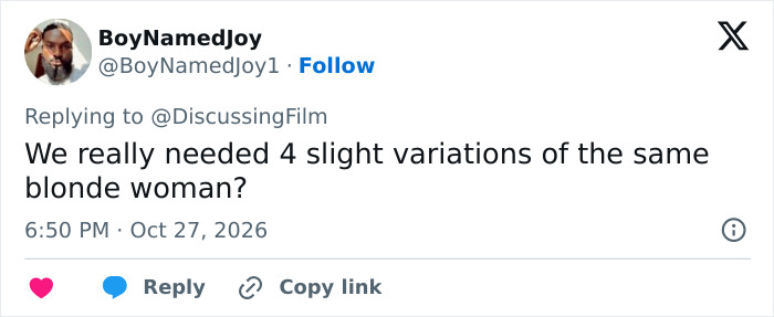 A tweet criticizing the TV reboot promo picture for featuring four similar blonde women.