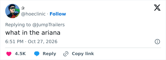 Social media comment reacting to Gracie Abrams transformation with the text reading what in the ariana