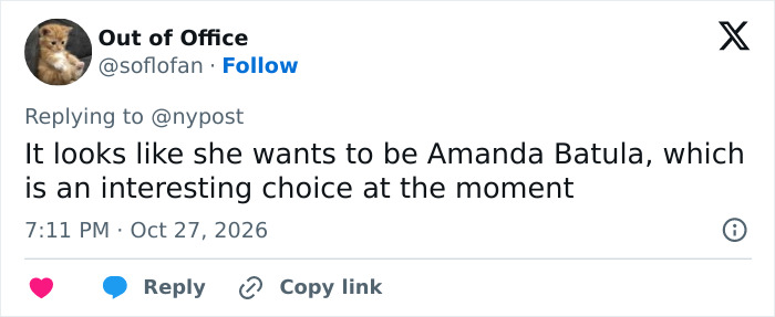 A tweet referencing celebrity comparisons in a discussion on plastic surgery choices.