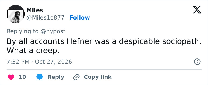 A tweet referencing Hugh Hefner’s widow Crystal and claims about Hugh Hefner being a creep. A tweet referencing Hugh Hefner’s widow Crystal and claims about Hugh Hefner being a creep.