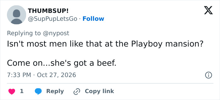 A tweet commenting on Hugh Hefner’s widow Crystal and allegations involving the Playboy mansion A tweet commenting on Hugh Hefner’s widow Crystal and allegations involving the Playboy mansion
