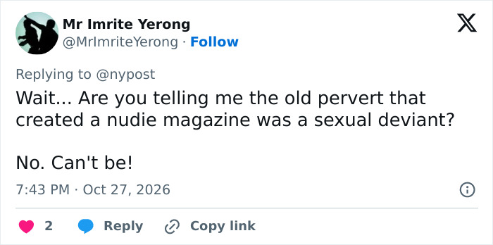 A social media post reacting to claims by Hugh Hefner’s widow Crystal regarding Hollywood actors A social media post reacting to claims by Hugh Hefner’s widow Crystal regarding Hollywood actors