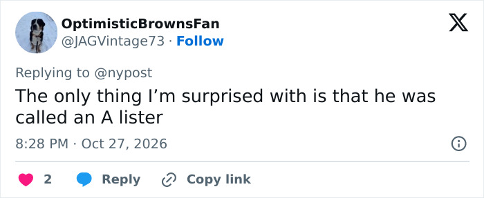A social media post about Hugh Hefner’s widow Crystal commenting on Hollywood's A-List actor. A social media post about Hugh Hefner’s widow Crystal commenting on Hollywood's A-List actor.