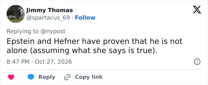 Online tweet discussing claims regarding Epstein and Hugh Hefner. Online tweet discussing claims regarding Epstein and Hugh Hefner.