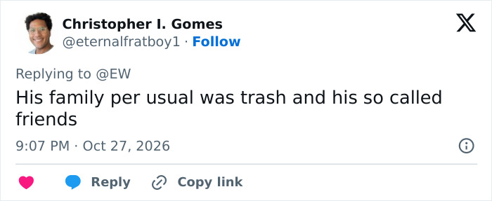 Social media comment discussing Matthew Perry family and friends