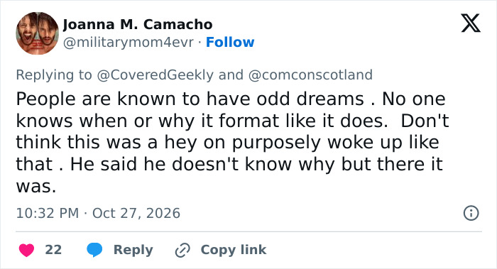 A tweet discussing odd dreams regarding the Hollywood heartthrob and Amber Heard lawsuit backlash.