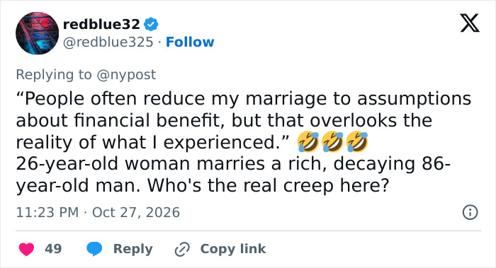 A tweet reacting to statements made by Hugh Hefner's widow Crystal about her marriage. A tweet reacting to statements made by Hugh Hefner's widow Crystal about her marriage.