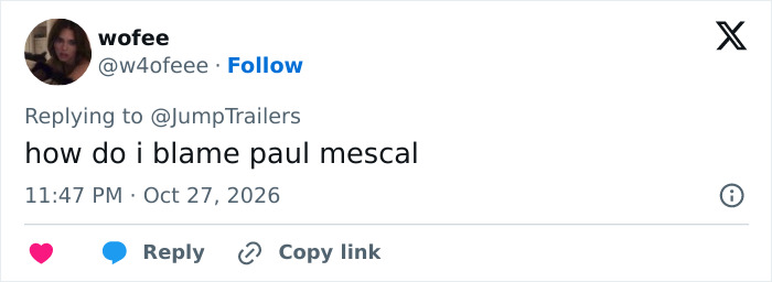 User post commenting on Gracie Abrams transformation humorously asking how to blame Paul Mescal