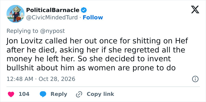 A user tweet discussing Hugh Hefner’s widow Crystal and Jon Lovitz regarding past allegations A user tweet discussing Hugh Hefner’s widow Crystal and Jon Lovitz regarding past allegations