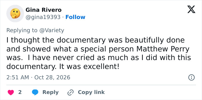 Social media reaction praising the Matthew Perry documentary as excellent