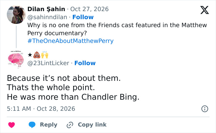 Social media posts discussing Matthew Perry documentary and Friends co-stars