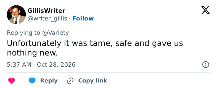 A social media post reviewing a documentary about late actor Matthew Perry as tame and safe.