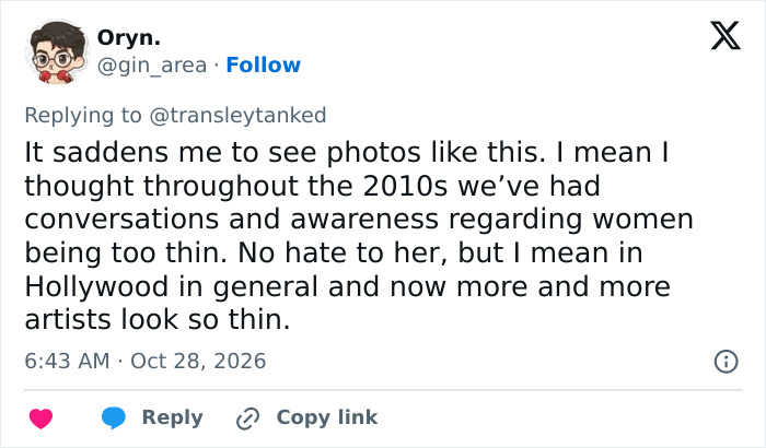 Online comment discussing Gracie Abrams transformation and concern over Hollywood body standards for women