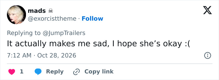 A fan tweet about Gracie Abrams transformation expressing concern and hoping she is okay