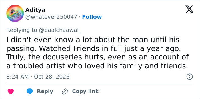 A tweet sharing thoughts on a docuseries about Matthew Perry and Friends.