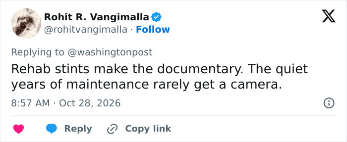 Social media comment regarding rehab in the documentary about Matthew Perry