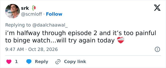 A social media post about feeling painful emotion watching a Matthew Perry docuseries.