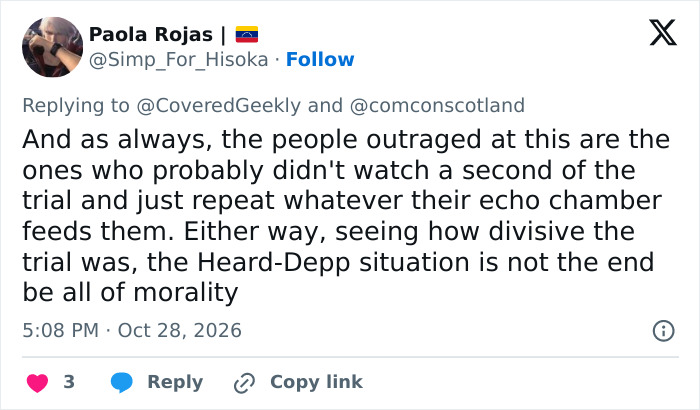 A tweet addressing the outrage over a Hollywood heartthrob comment on the Amber Heard lawsuit.