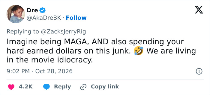 A social media post criticizing buyers of Trump Mobile phone, calling it junk.