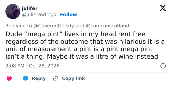 A social media post about a mega pint, referencing the Amber Heard lawsuit.