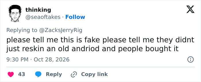 A tweet questioning if the Trump Mobile phone is just a reskinned older Android device