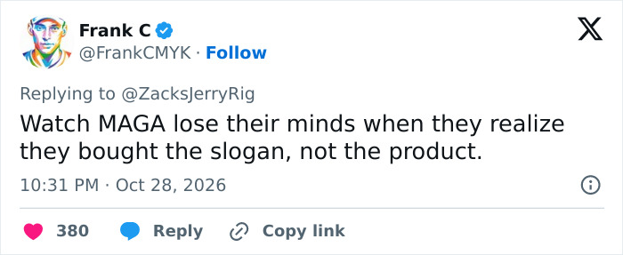 A tweet reacting to the Trump Mobile phone review, saying buyers fell for a slogan.