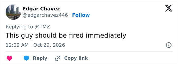 Social media comment calling for a TV show host to be fired after kicking a drone.