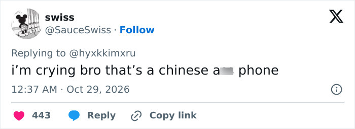A social media post on X mocking the origins of the $499 Trump Mobile smartphone.