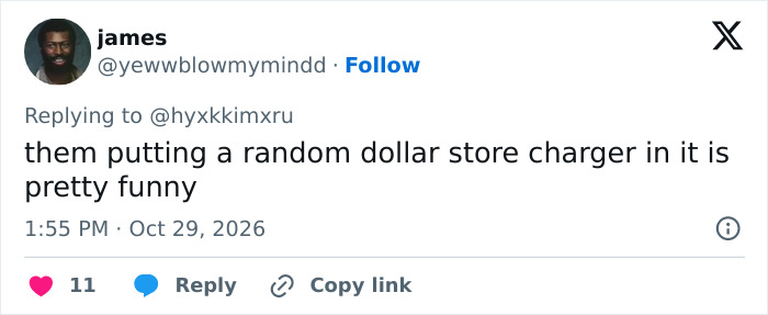 A user comment on X discussing the cheap accessories included with the $499 Trump Mobile phone.