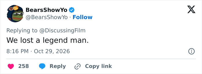 A social media post expressing grief over losing a legend associated with Lewy body dementia. A social media post expressing grief over losing a legend associated with Lewy body dementia.