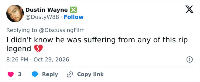 A social media comment offering condolences and reacting to news of Lewy Body Dementia. A social media comment offering condolences and reacting to news of Lewy Body Dementia.
